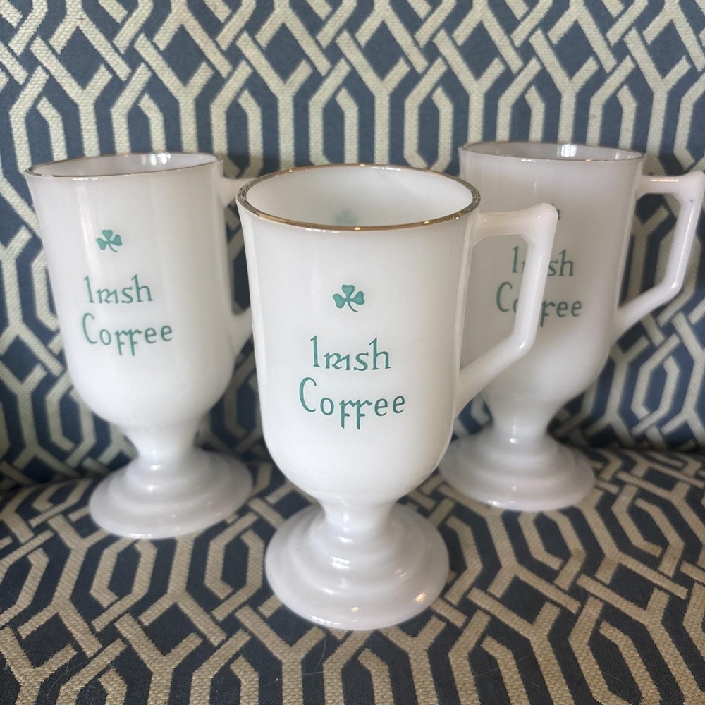 Vintage Milk Glass Irish Coffee Pedestal Mug Gold Rim Shamrock Ireland Lot of 3
